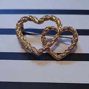 Gold Tone Double Heart-Shaped Brooch